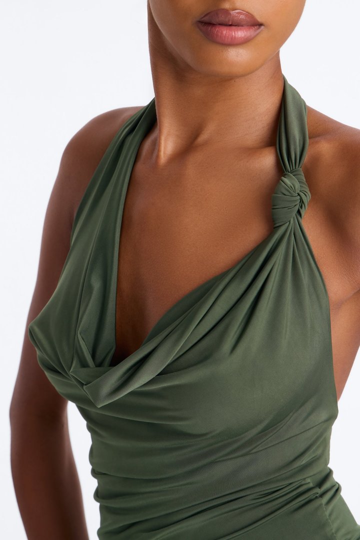 Golden Hour Cowl Neck Knot Halter Top - Olive