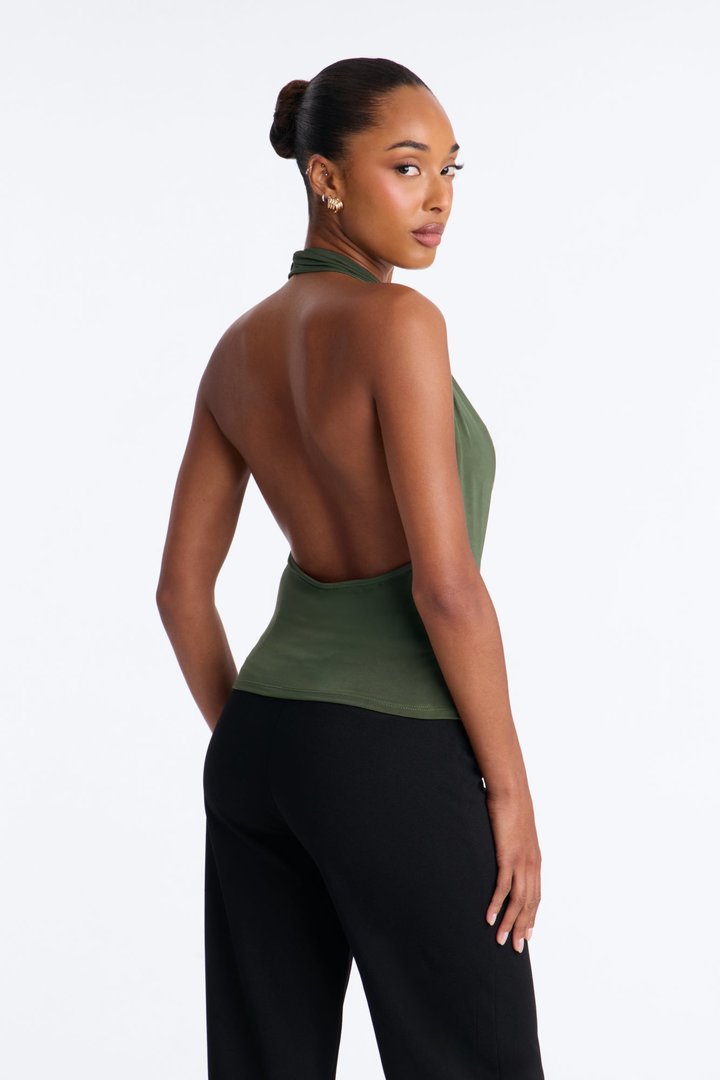 Golden Hour Cowl Neck Knot Halter Top - Olive