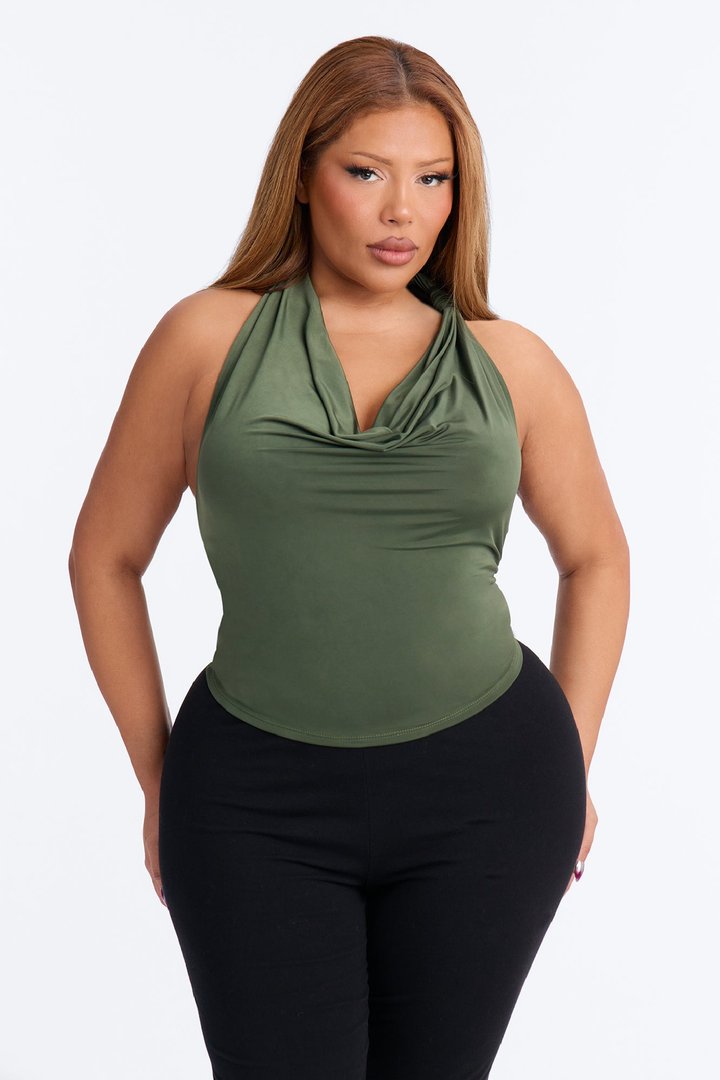 Golden Hour Cowl Neck Knot Halter Top - Olive