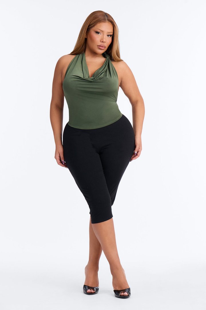 Golden Hour Cowl Neck Knot Halter Top - Olive