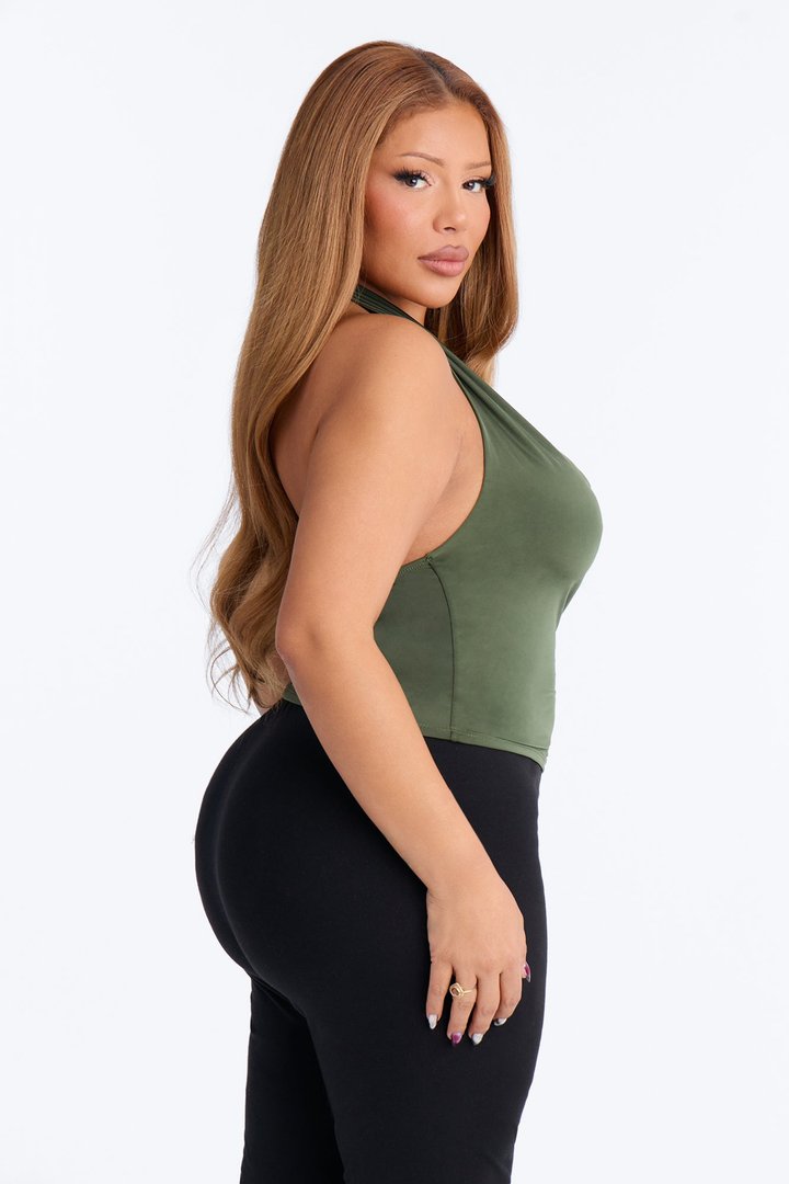 Golden Hour Cowl Neck Knot Halter Top - Olive