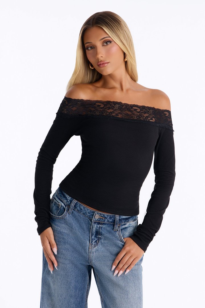 Korie Lace Trim Ribbed Off Shoulder Top - Black