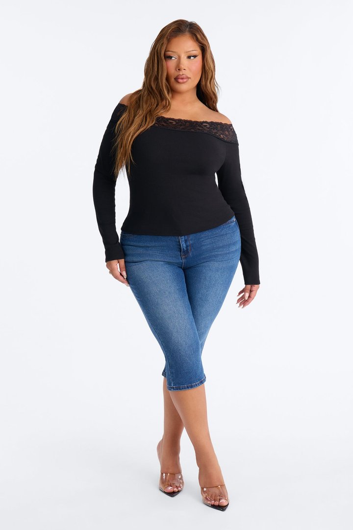 Korie Lace Trim Ribbed Off Shoulder Top - Black
