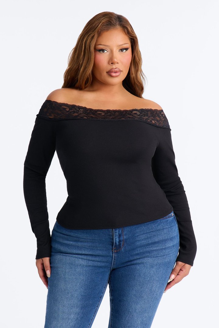 Korie Lace Trim Ribbed Off Shoulder Top - Black