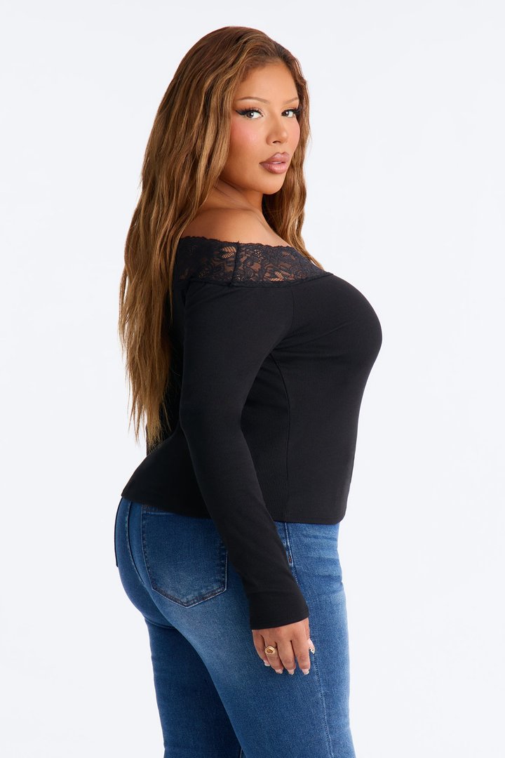 Korie Lace Trim Ribbed Off Shoulder Top - Black