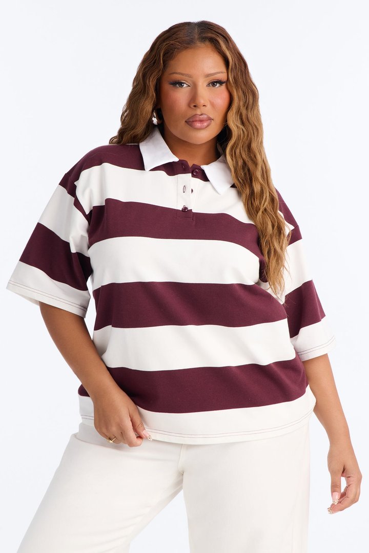 Avery Striped Short Sleeve Polo Top - Cream/combo