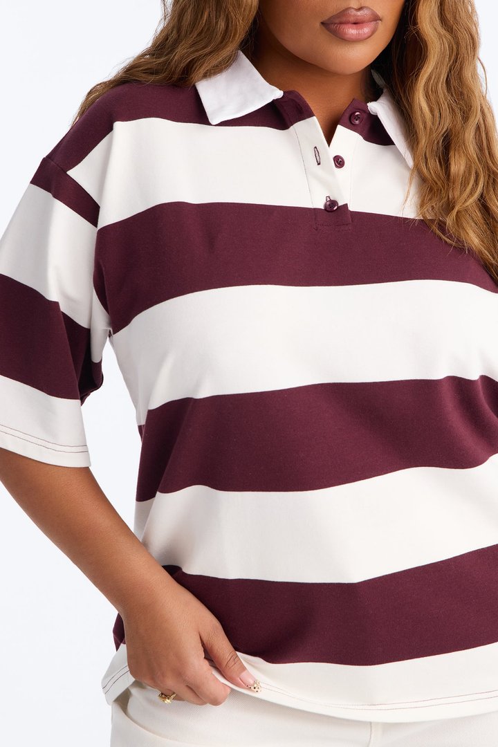 Avery Striped Short Sleeve Polo Top - Cream/combo