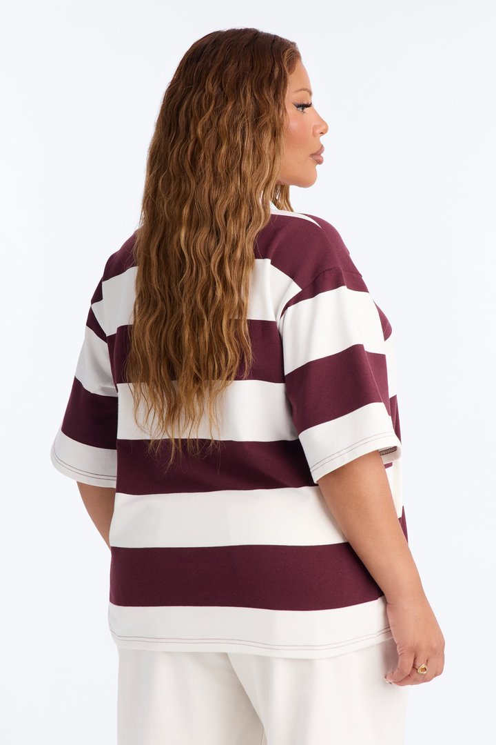 Avery Striped Short Sleeve Polo Top - Cream/combo