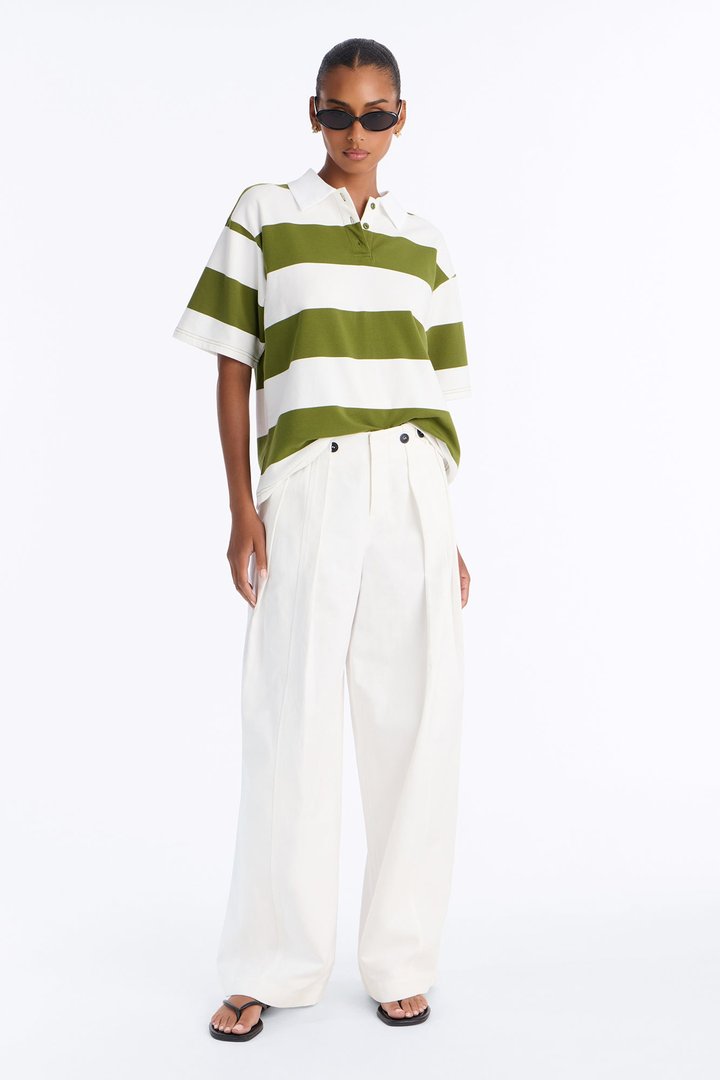 Avery Striped Short Sleeve Polo Top - Olive/combo