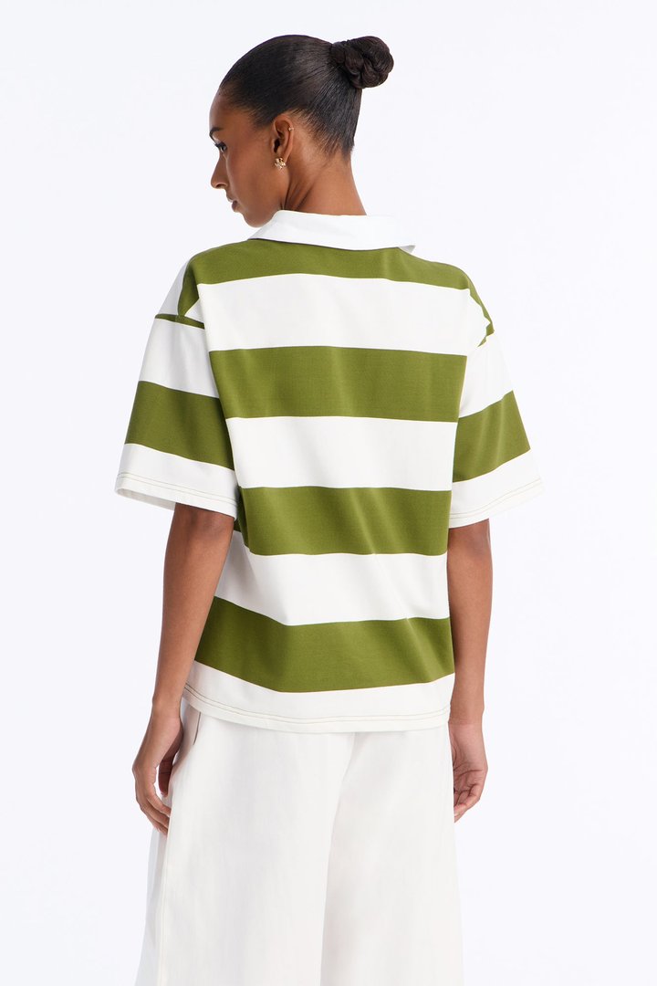 Avery Striped Short Sleeve Polo Top - Olive/combo
