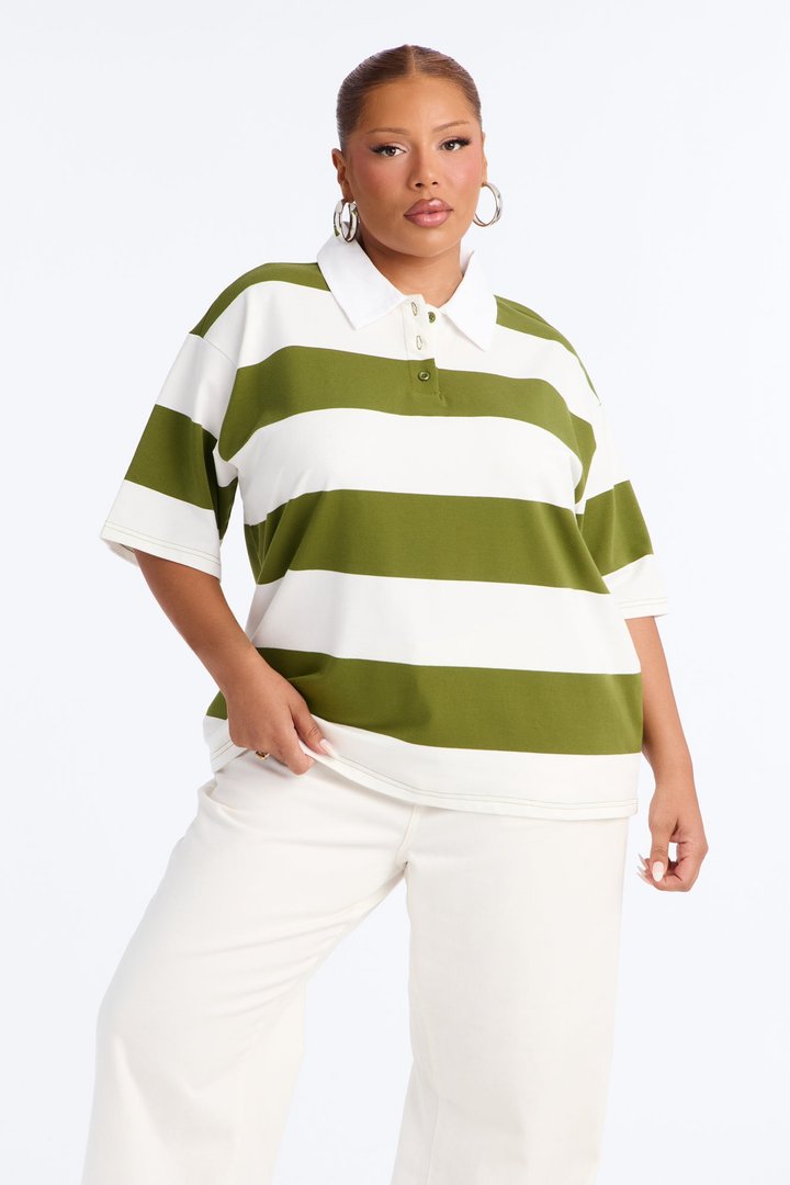 Avery Striped Short Sleeve Polo Top - Olive/combo