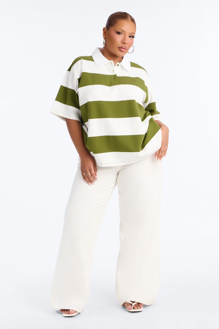Avery Striped Short Sleeve Polo Top - Olive/combo