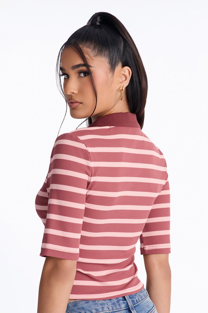 Regina Short Sleeve Polo Top - Mauve/combo