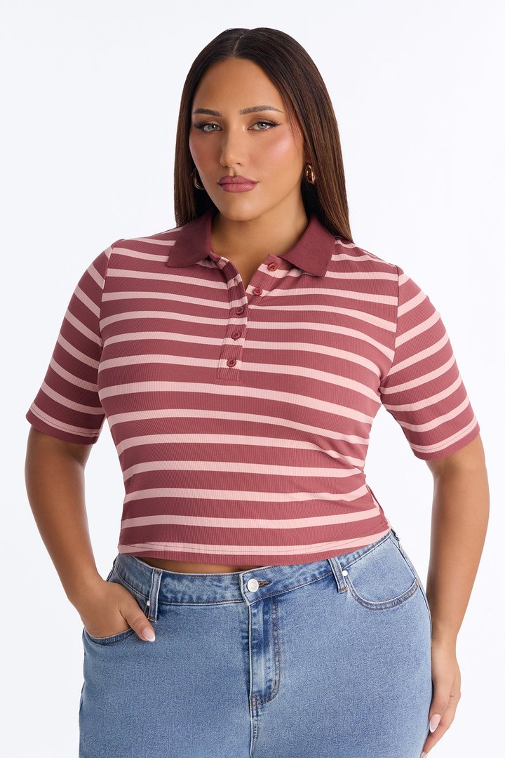 Regina Short Sleeve Polo Top - Mauve/combo