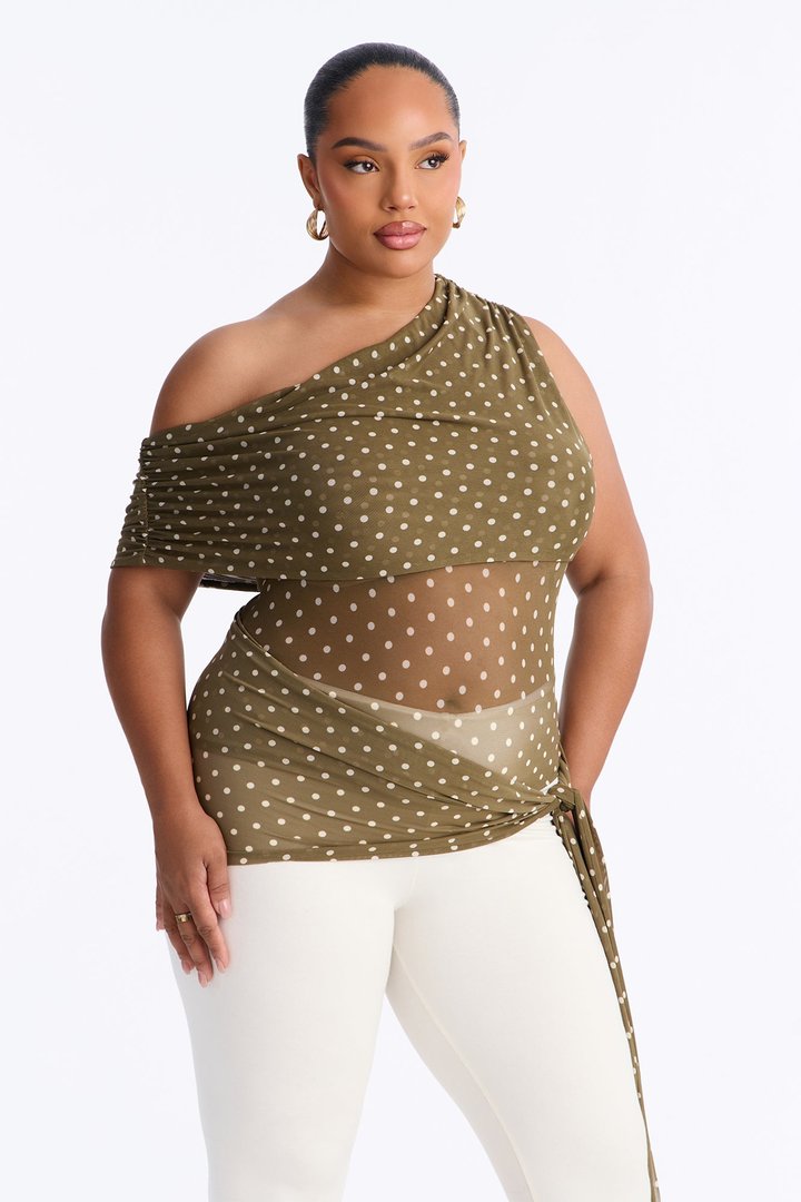 Kylie Polka Dot Off Shoulder Mesh Top - Olive/combo
