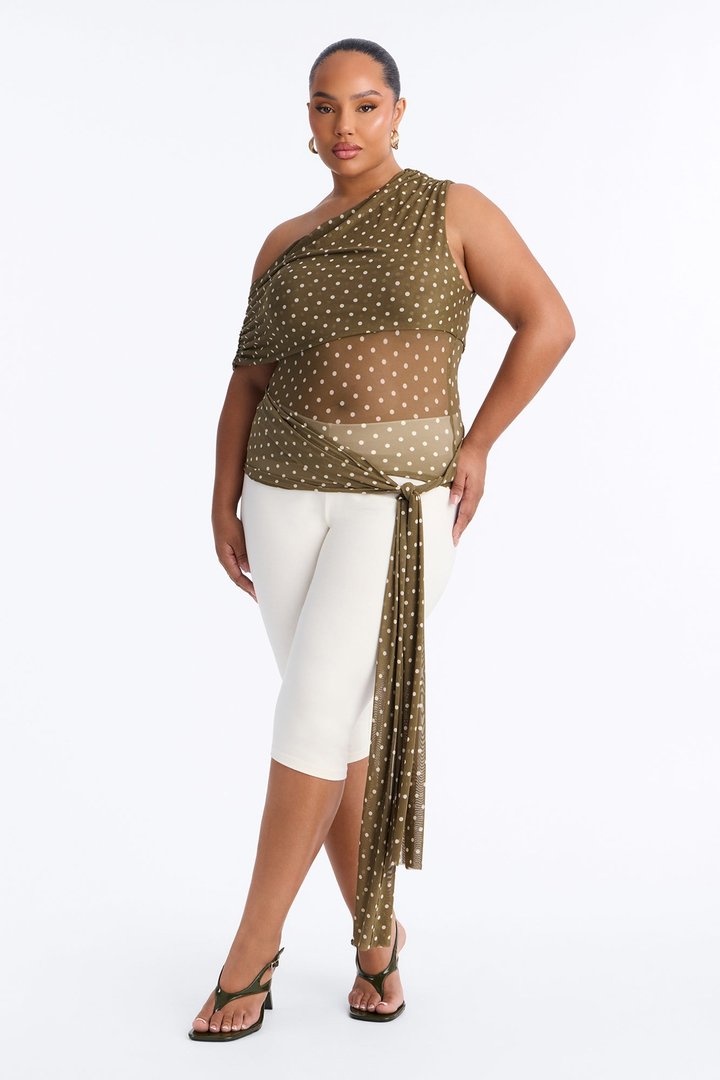 Kylie Polka Dot Off Shoulder Mesh Top - Olive/combo