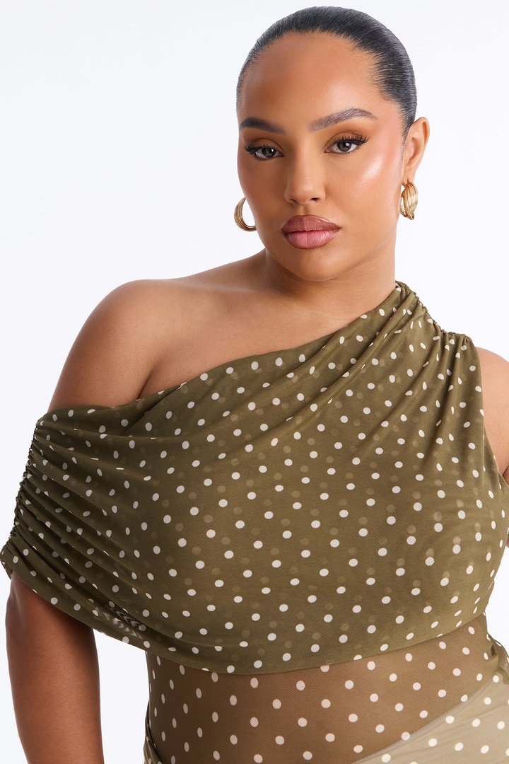 Kylie Polka Dot Off Shoulder Mesh Top - Olive/combo