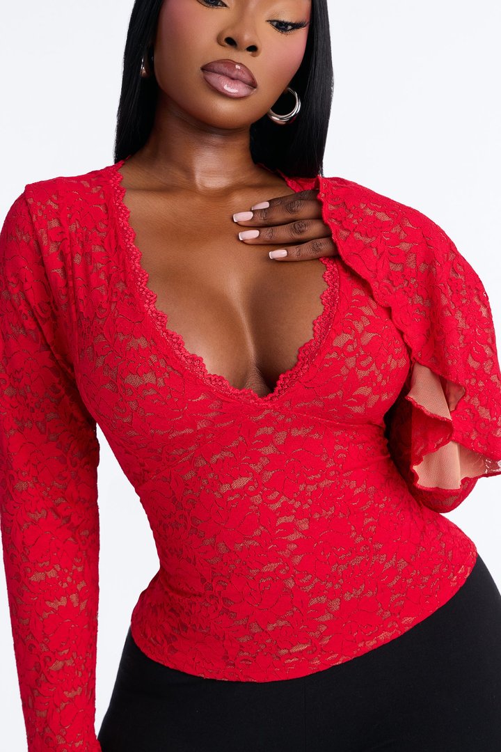 Long Time Lover Ruffle Long Sleeve Top - Red