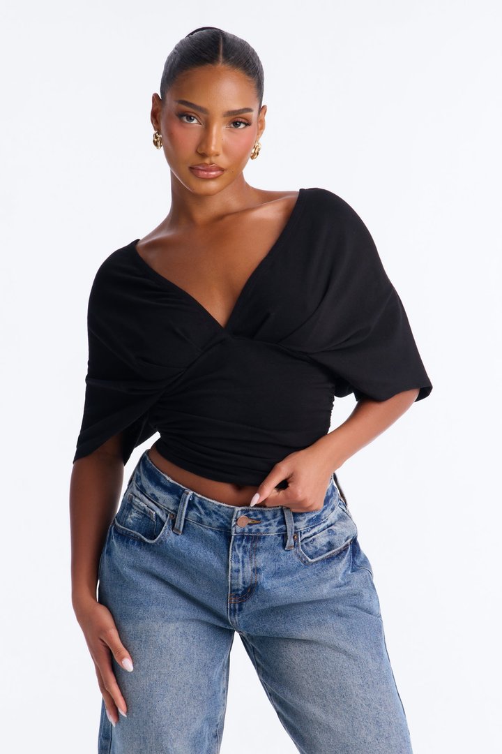 Taylor Cinched Waist Ruched Short Sleeve Top - Black