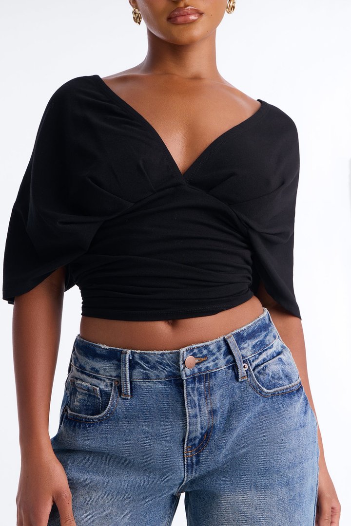 Taylor Cinched Waist Ruched Short Sleeve Top - Black
