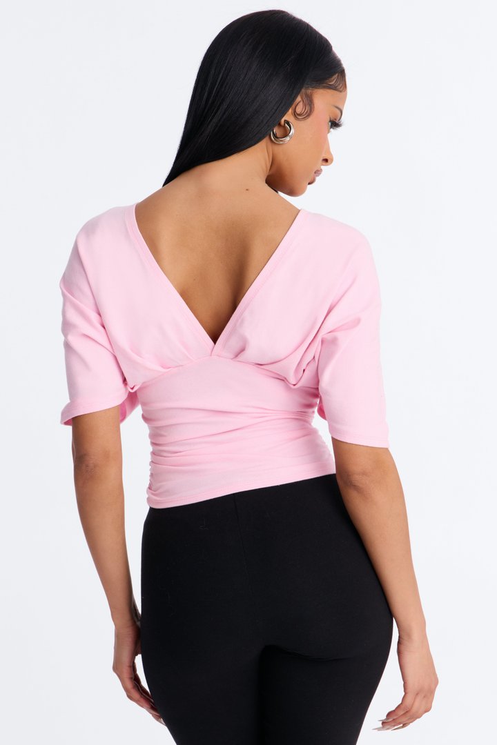 Taylor Cinched Waist Ruched Short Sleeve Top - Pink
