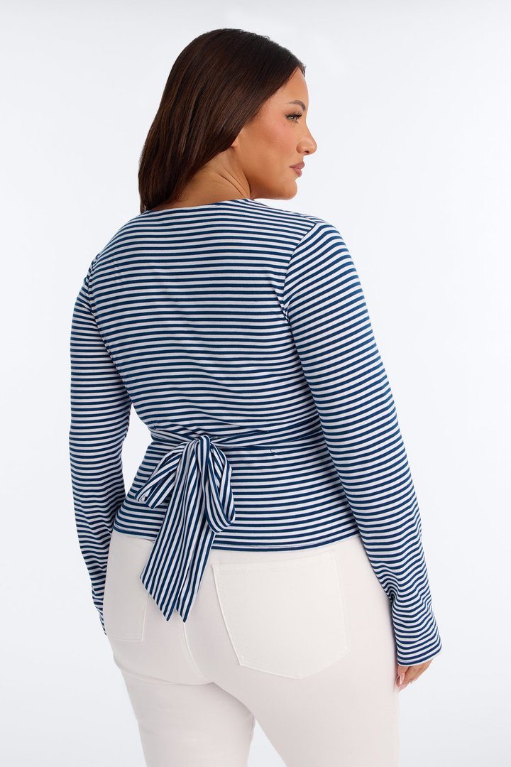 Sydney Striped Tie Back Long Sleeve Top - Navy/combo