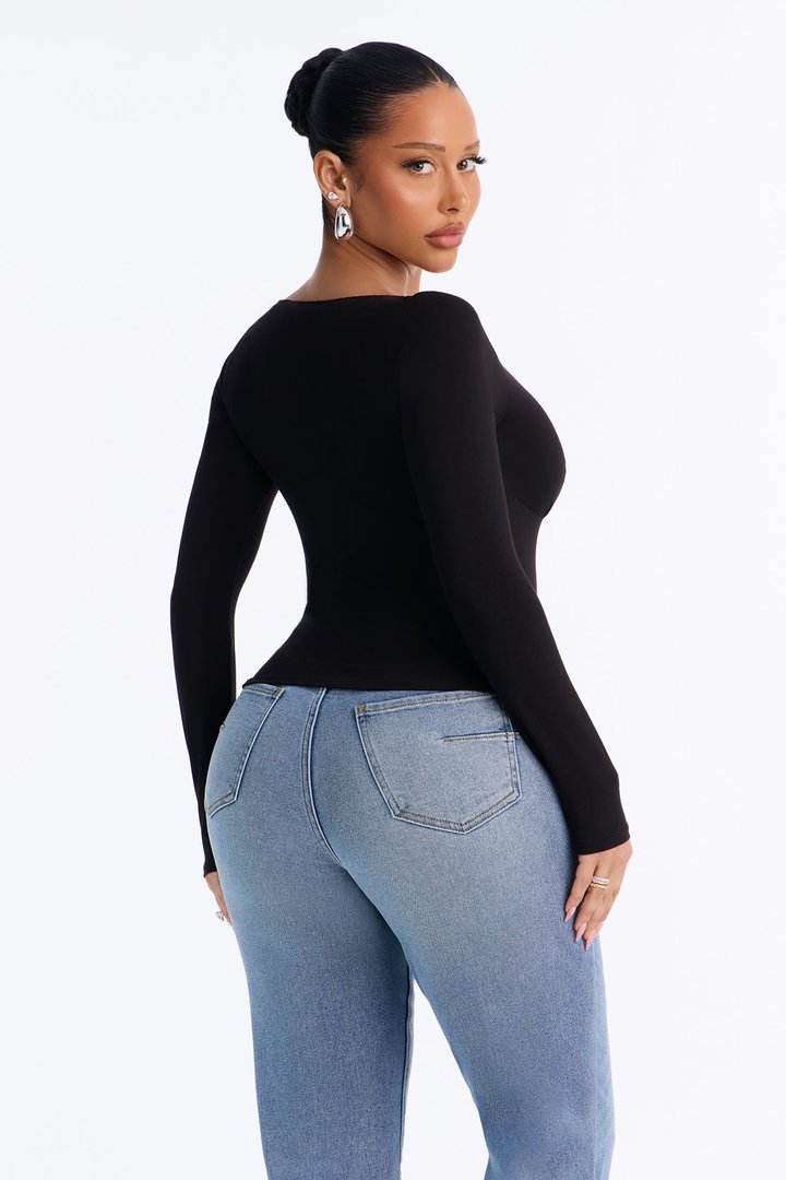 Feminine Seduction V-Neck Long Sleeve Top - Black