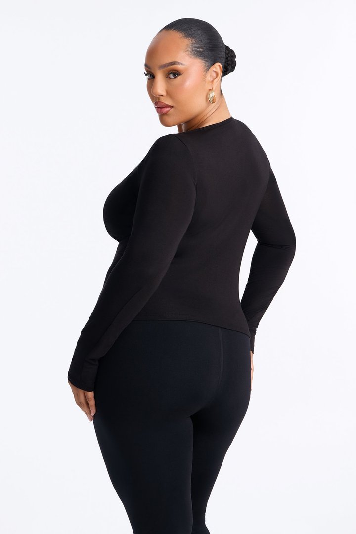 Feminine Seduction V-Neck Long Sleeve Top - Black