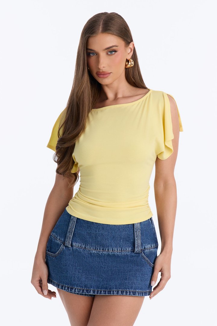 Juliette Ruched Split Short Sleeve Top - Butter Yellow