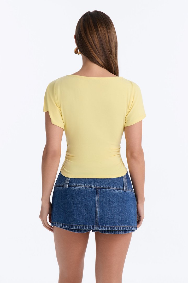 Juliette Ruched Split Short Sleeve Top - Butter Yellow