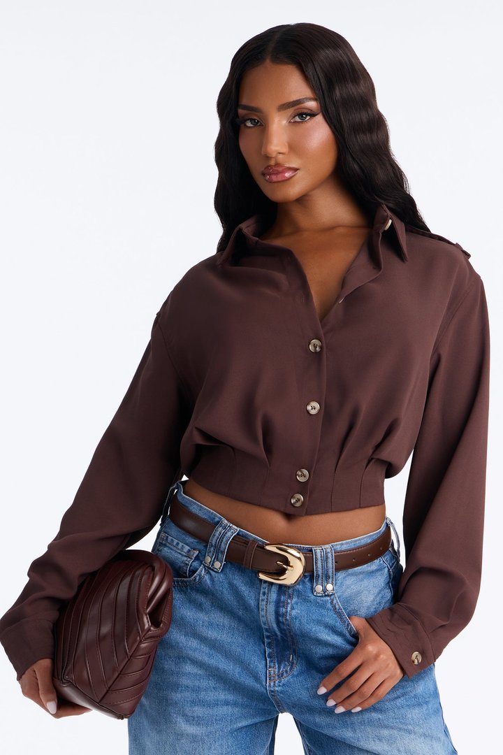 Kami Twill Button Up Long Sleeve Top - Brown