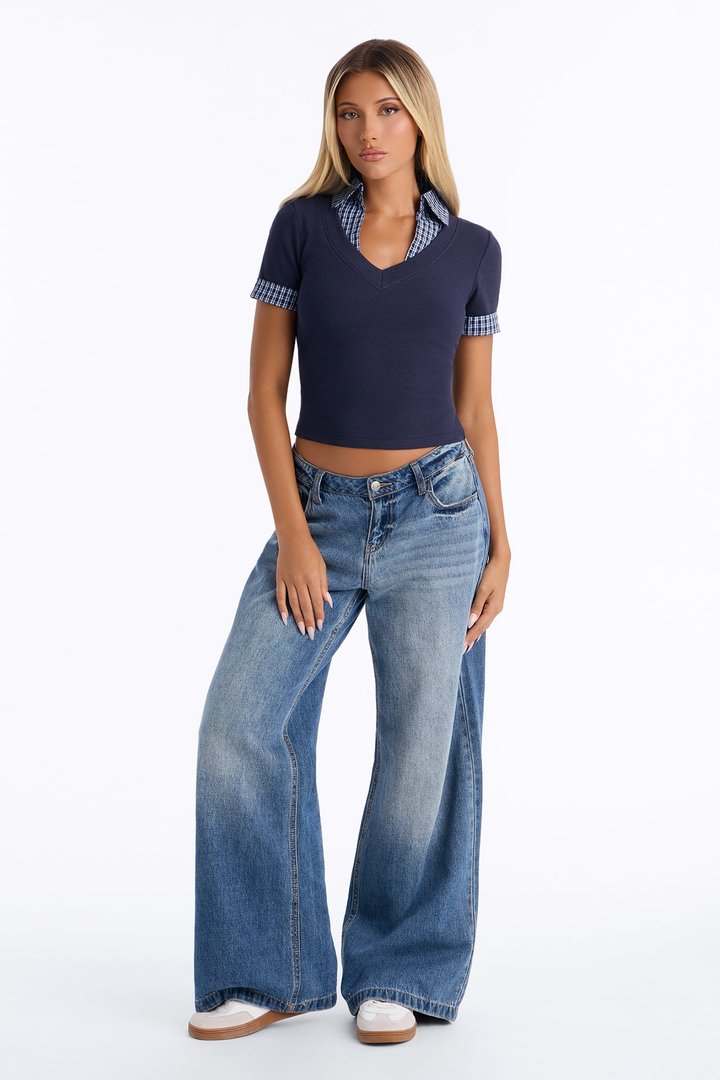 Carla Ribbed Collared Short Sleeve Top - Navy