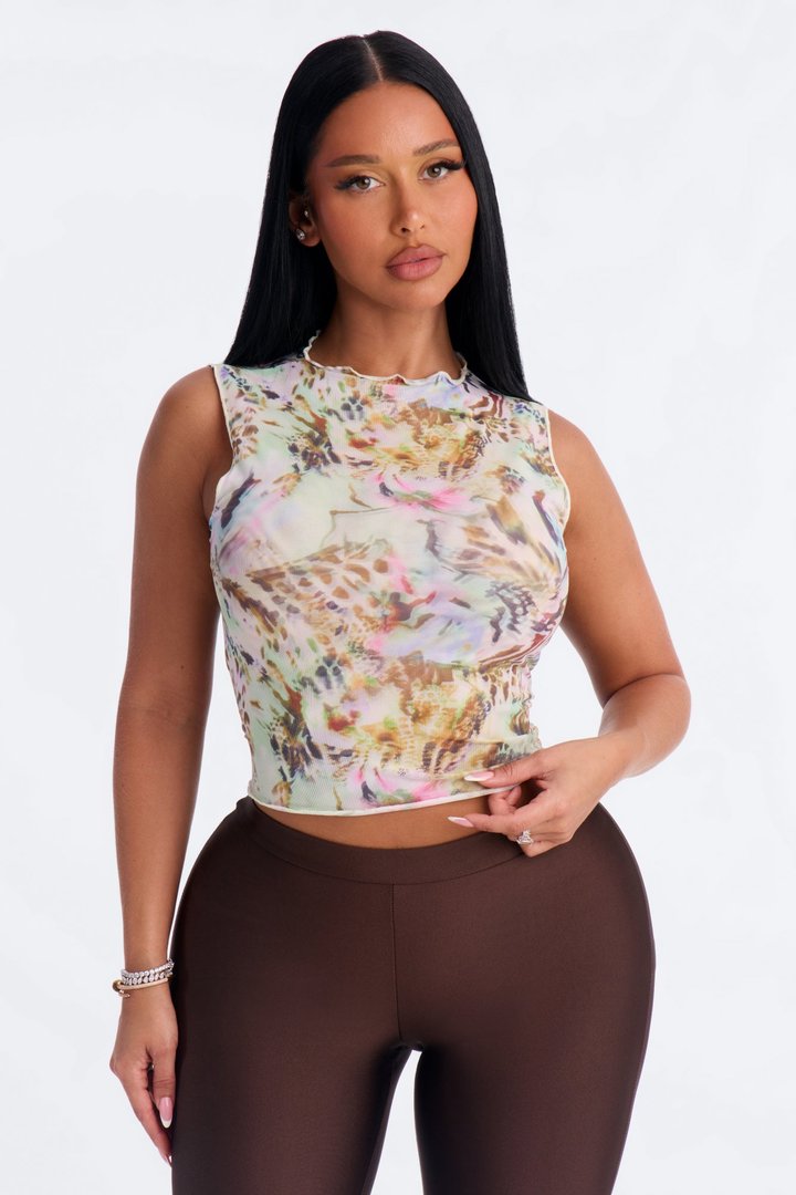 Painted Petals Mesh Mock Neck Sleeveless Top - Multi Color
