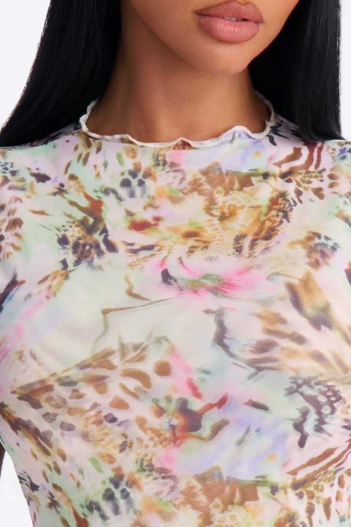 Painted Petals Mesh Mock Neck Sleeveless Top - Multi Color