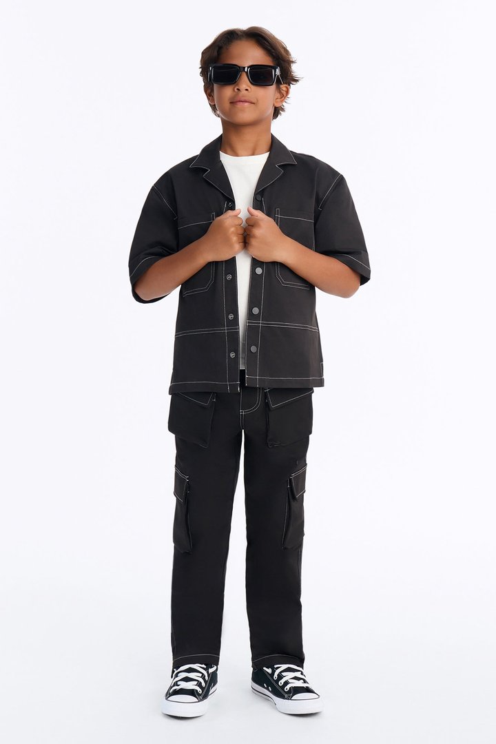 Mini Curtis Contrast Stitch Relaxed Cargo Pants - Black