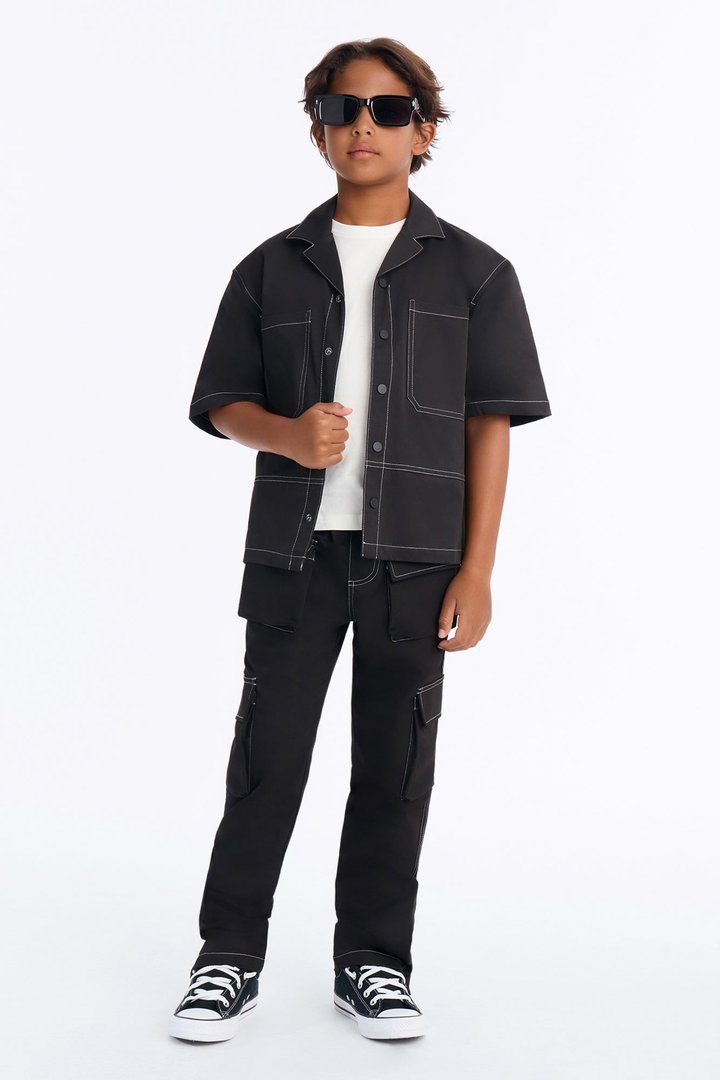 Mini Curtis Contrast Stitch Boxy Shirt - Black