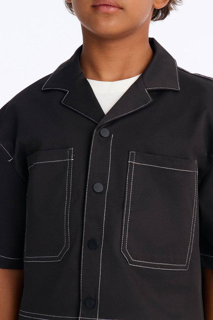 Mini Curtis Contrast Stitch Boxy Shirt - Black