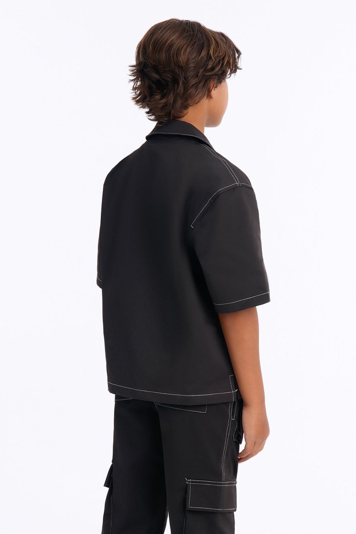 Mini Curtis Contrast Stitch Boxy Shirt - Black