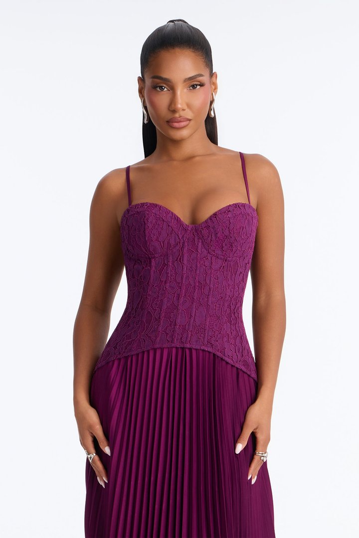 Daniella Lace Corset Pleated Maxi Dress - Wine