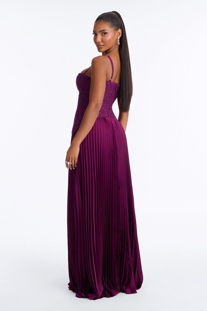 Daniella Lace Corset Pleated Maxi Dress - Wine