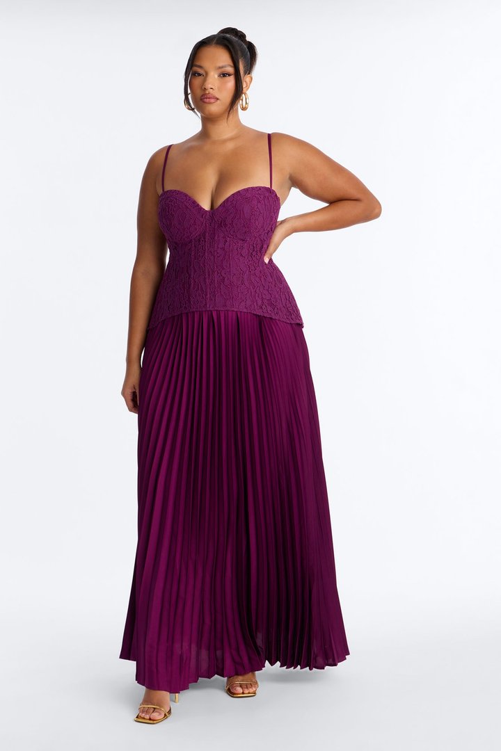Daniella Lace Corset Pleated Maxi Dress - Wine