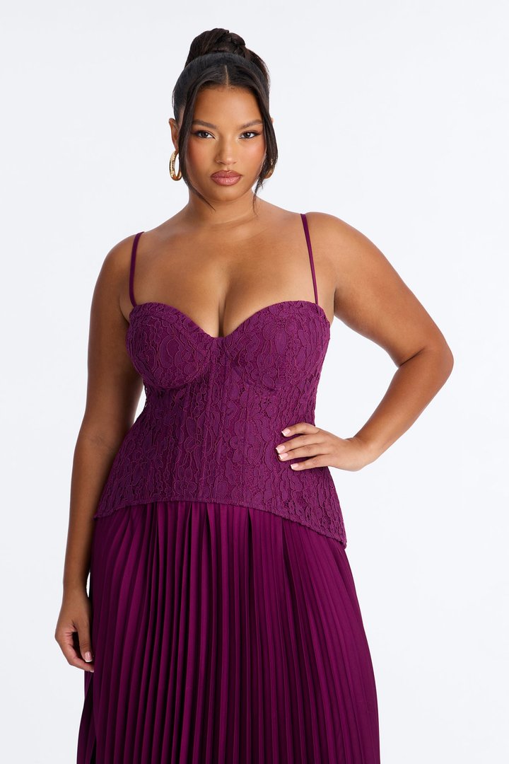 Daniella Lace Corset Pleated Maxi Dress - Wine