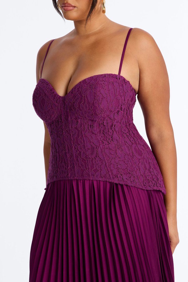Daniella Lace Corset Pleated Maxi Dress - Wine