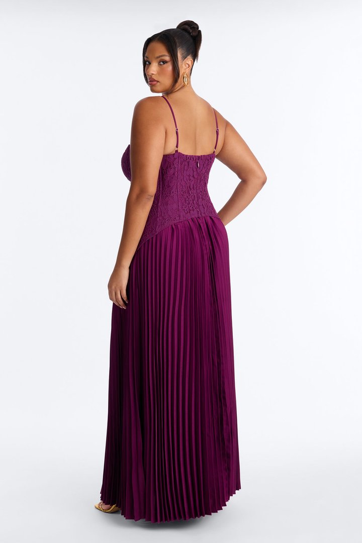 Daniella Lace Corset Pleated Maxi Dress - Wine