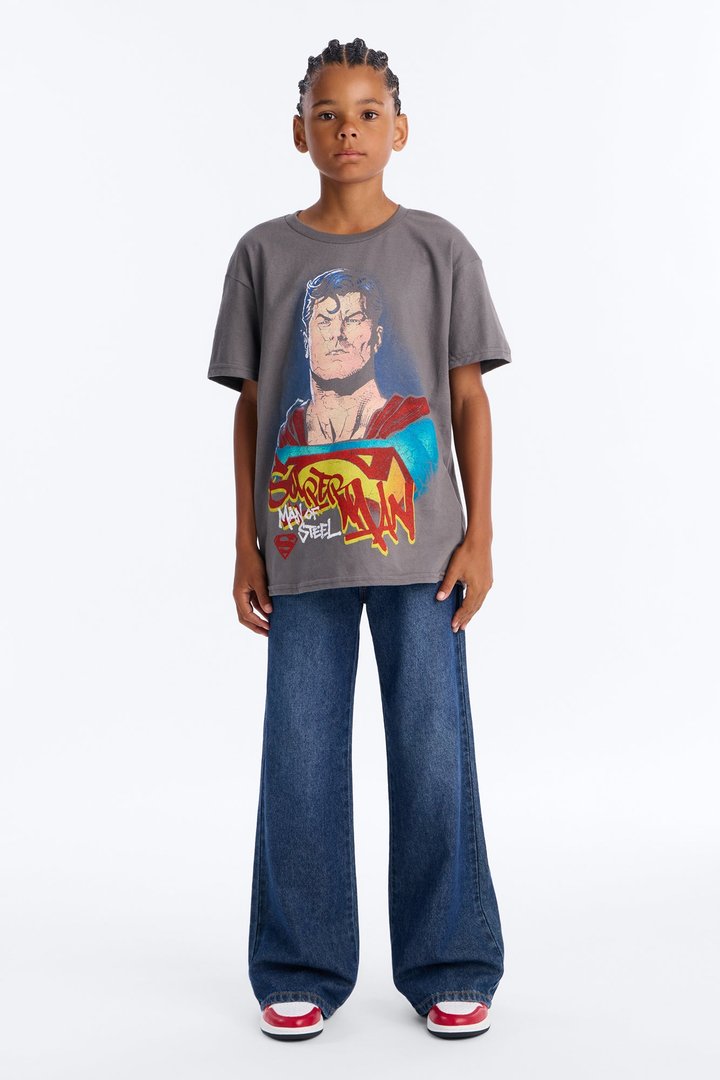 Mini Superman Man Of Steel Vintage Heavy Weight Distressed Short Sleeve Tee - Charcoal