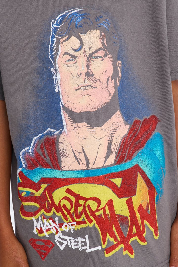 Mini Superman Man Of Steel Vintage Heavy Weight Distressed Short Sleeve Tee - Charcoal
