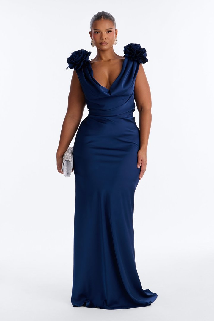 Positano Cowl Neck Satin Maxi Dress - Navy