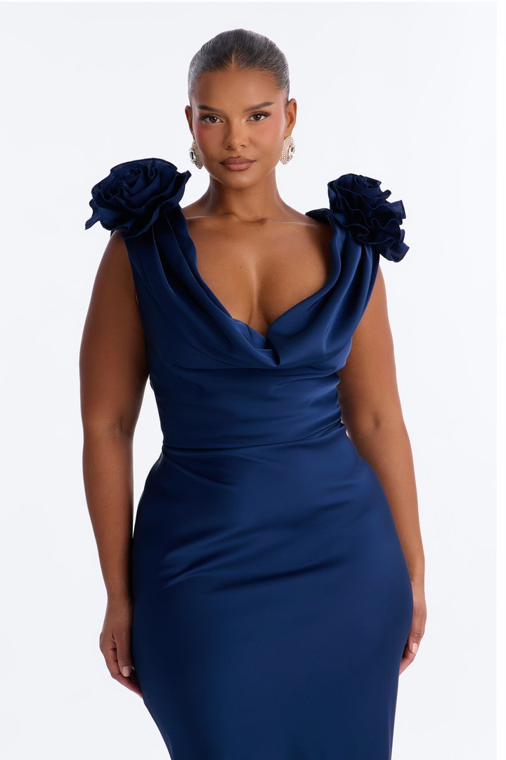 Positano Cowl Neck Satin Maxi Dress - Navy