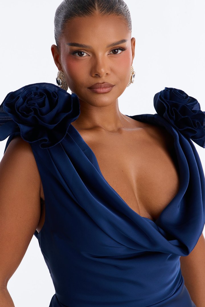 Positano Cowl Neck Satin Maxi Dress - Navy