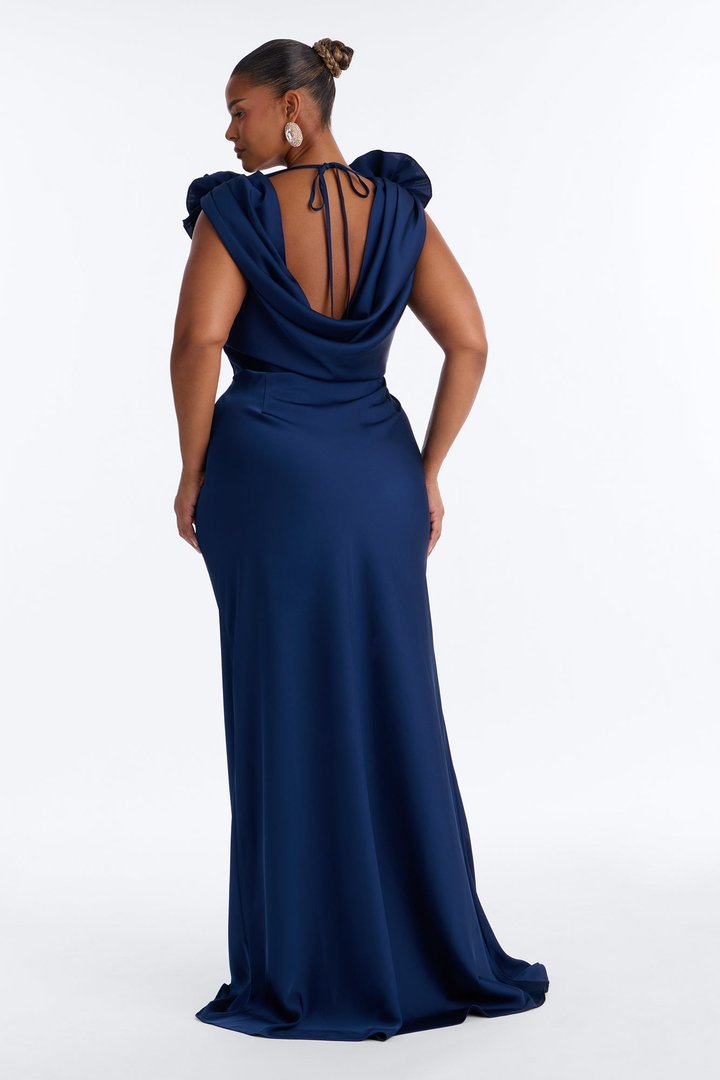 Positano Cowl Neck Satin Maxi Dress - Navy